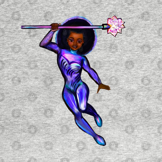 Black anime superhero girl from outer space with lights and smirk ! beautiful  black girl with Afro hair, brown eyes, Cherry pink lips and dark brown skin. Hair love ! by Artonmytee